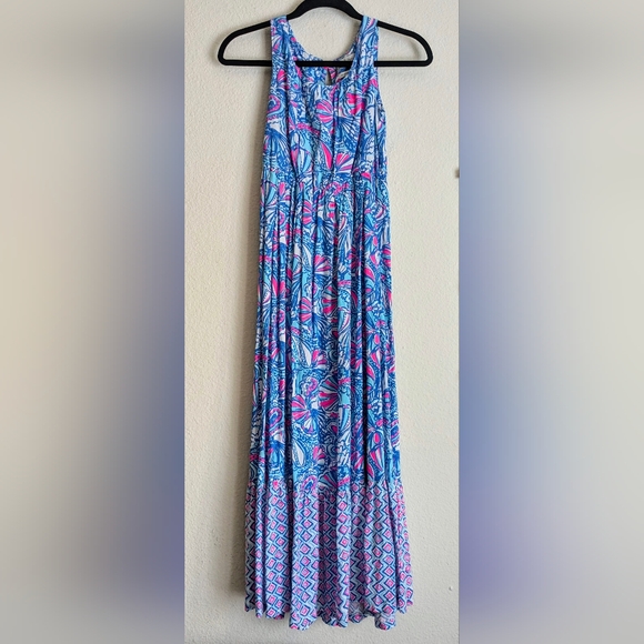 Lilly Pulitzer FT My Fans Long Maxi Dress Blue Pink Youth Kids L 10/12 - Picture 2 of 9